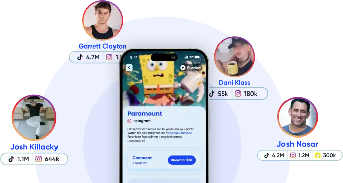 Creator showcase with phone mockup and creator profiles